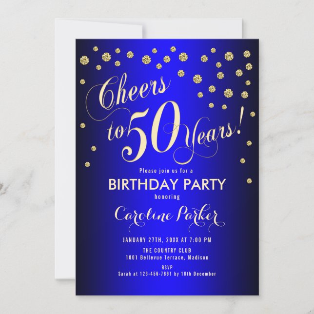50th Birthday Party - Gold Royal Blue Invitation (Front)
