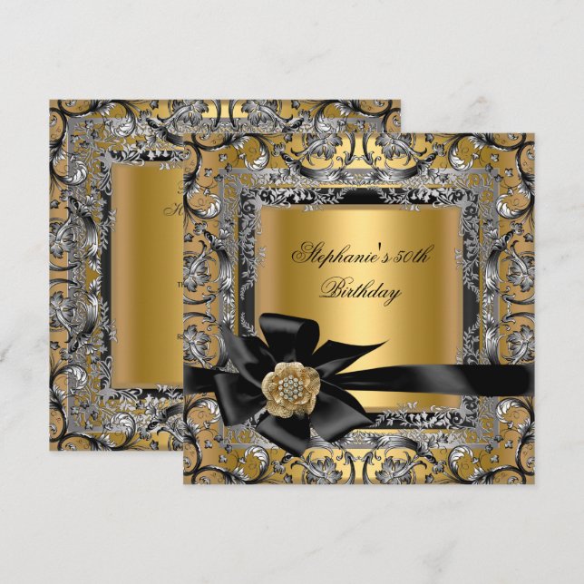 50th Birthday Party Gold Silver Black Bow Invitation (Front/Back)