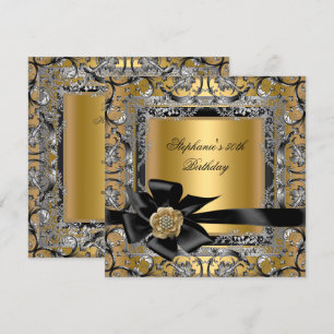 50th Birthday Party Gold Silver Black Bow Invitation