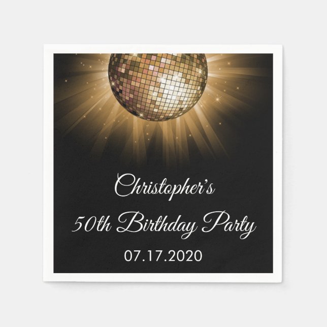 50th Birthday Party Gold Sparkle Disco Ball Napkin (Front)