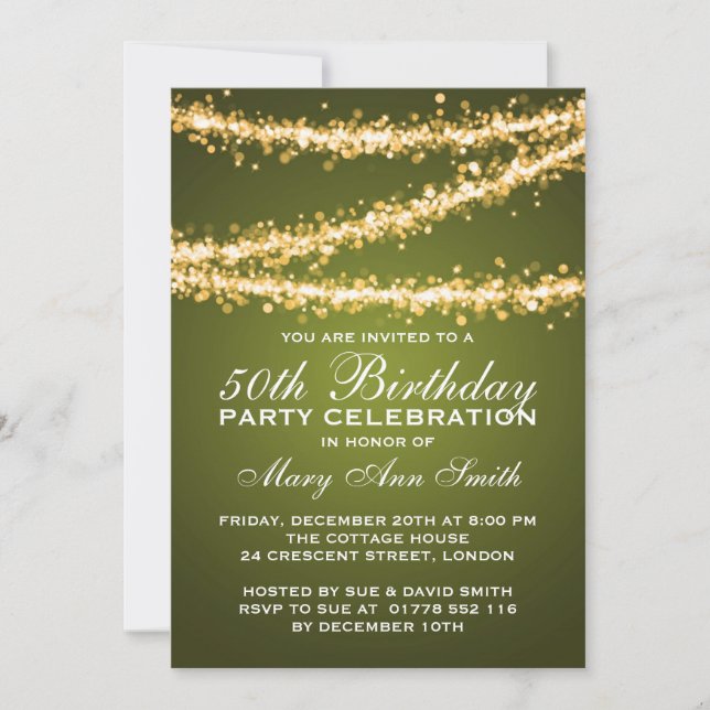 50th Birthday Party Gold String Lights Green Invitation (Front)