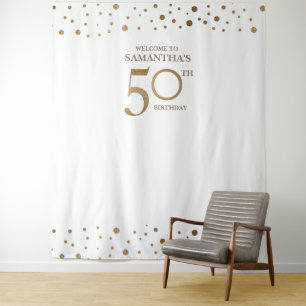 50th Birthday Party Gold White Confetti backdrop Tapestry