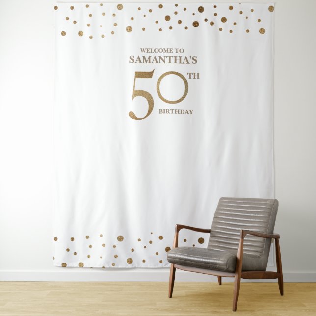 50th Birthday Party Gold White Confetti backdrop Tapestry (In Situ)