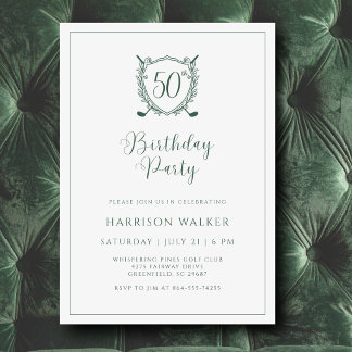 50th Birthday Party Golf Crest Elegant Script  Invitation