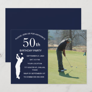 50th Birthday Party Golfer Blue Par Golf Photo Invitation