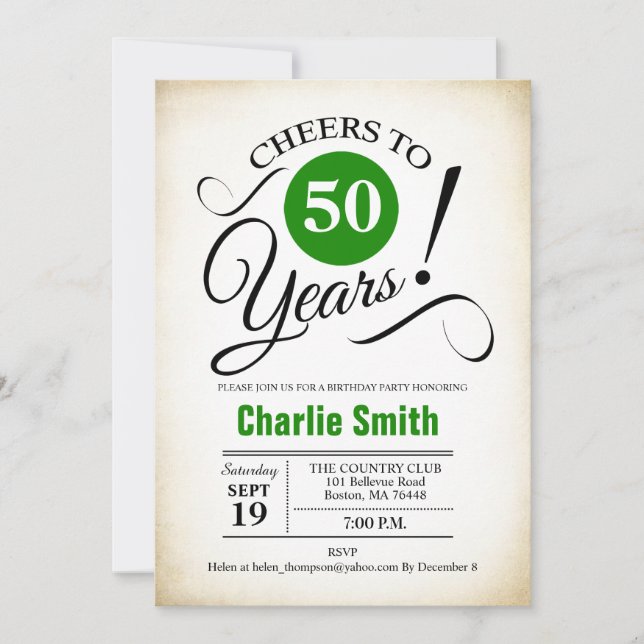 50th Birthday Party - Green Black White Invitation (Front)