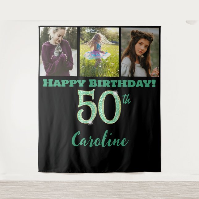 50th Birthday Party, Green Glitter & 3 photos Tapestry (Front)