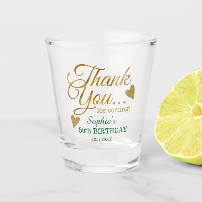 50th Birthday Party Green & Gold Thank You Favors Shot Glass (Front)