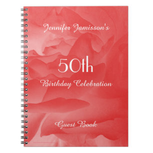 50th Birthday Party Guest Book, Coral Pink Rose Notebook