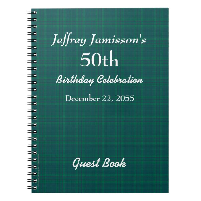 50th Birthday Party Guest Book Green Plaid Spiral  (Front)