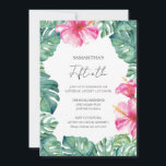 50th Birthday Party Hawaiian Luau Theme Invitation<br><div class="desc">This birthday party invitation features vibrant fuchsia pink tropical hibiscus flowers with monstera palm leaves. Use the template fields to add your personalised details. A charming choice for a fiftieth birthday with a tropical Hawaiian luau theme. 

Unique watercolor art by Victoria Grigaliunas of Do Tell A Belle.</div>