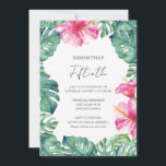 50th Birthday Party Hawaiian Luau Theme Invitation<br><div class="desc">This birthday party invitation features vibrant fuchsia pink tropical hibiscus flowers with monstera palm leaves. Use the template fields to add your personalised details. A charming choice for a fiftieth birthday with a tropical Hawaiian luau theme. 

Unique watercolor art by Victoria Grigaliunas of Do Tell A Belle.</div>
