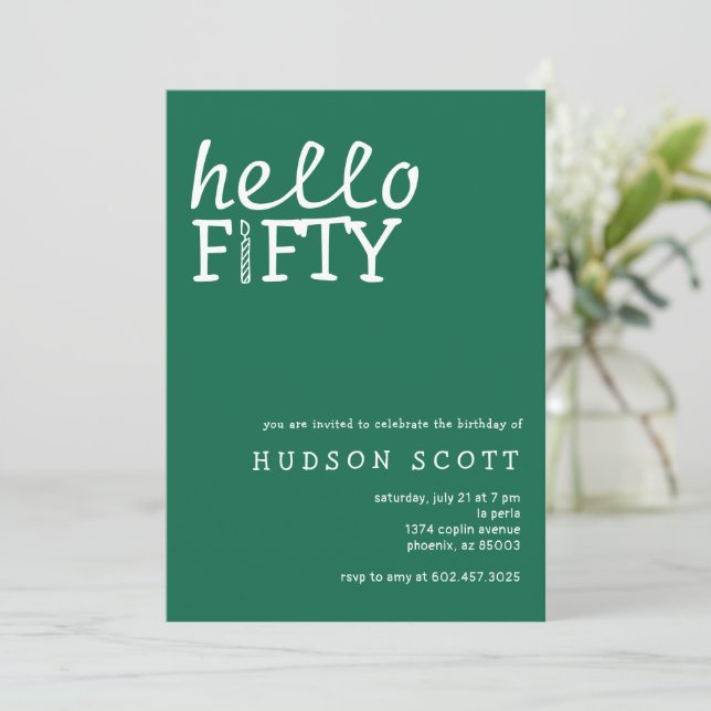  50th Birthday Party Hello Fifty Modern Green Invitation (Standing Front)
