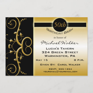 50th Birthday Party in Elegant Black and Gold Invitation
