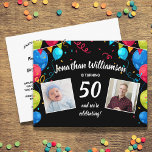 50th Birthday Party Invitation, 2 Photos, Balloons Postcard<br><div class="desc">Celebrate a milestone birthday with this fun postcard featuring 2 photos framed by colourful balloons and set against a black background.  Perfect for any birthday as you can easily change the year.  Add all your party details on the back.</div>