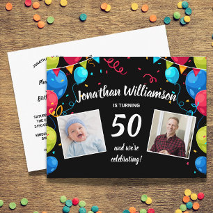 50th Birthday Party Invitation, 2 Photos, Balloons Postcard