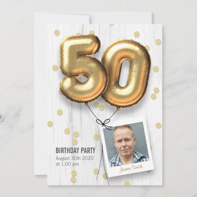 50th Birthday Party Invitation Adult Gold Balloons (Front)