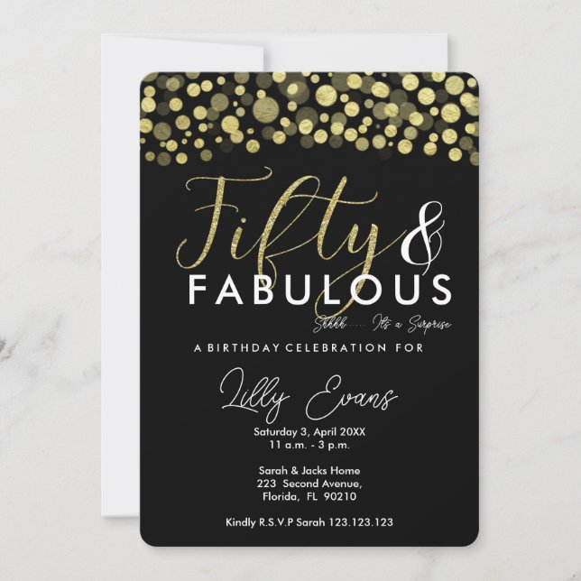 50th birthday party invitation, black and gold invitation (Front)