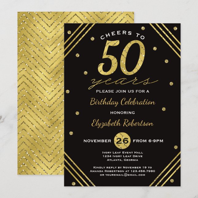 50th Birthday Party Invitation, Cheers, Faux Gold Invitation (Front/Back)