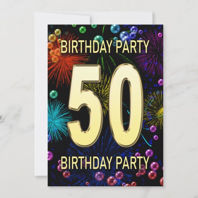 50th Birthday Party Invitation Fireworks Bubbles (Front)