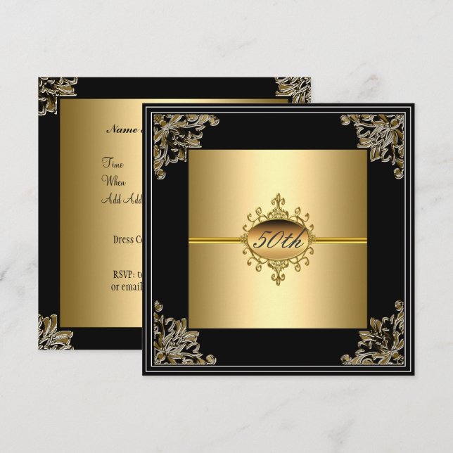 50th Birthday Party  Invitation Gold Black Art Dec (Front/Back)
