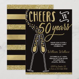 50th Birthday Party Invitation, Gold, Black Invitation