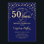 50th Birthday Party Invitation - Gold Navy Blue<br><div class="desc">50th Birthday Party Invitation.
Elegant design with faux glitter gold and navy blue. Cheers to 50 Years! Message me if you need further customization.</div>