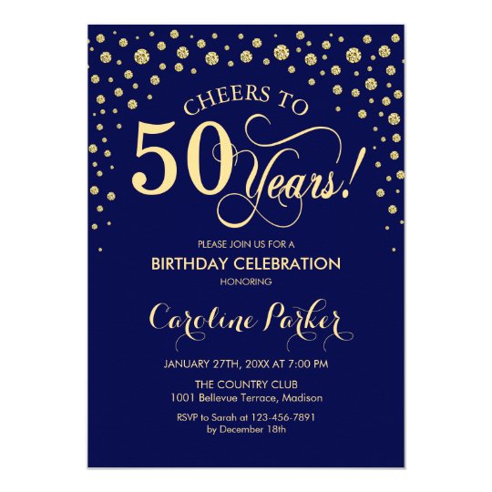 50th Birthday Party Invitation - Gold Navy Blue | Zazzle.co.uk