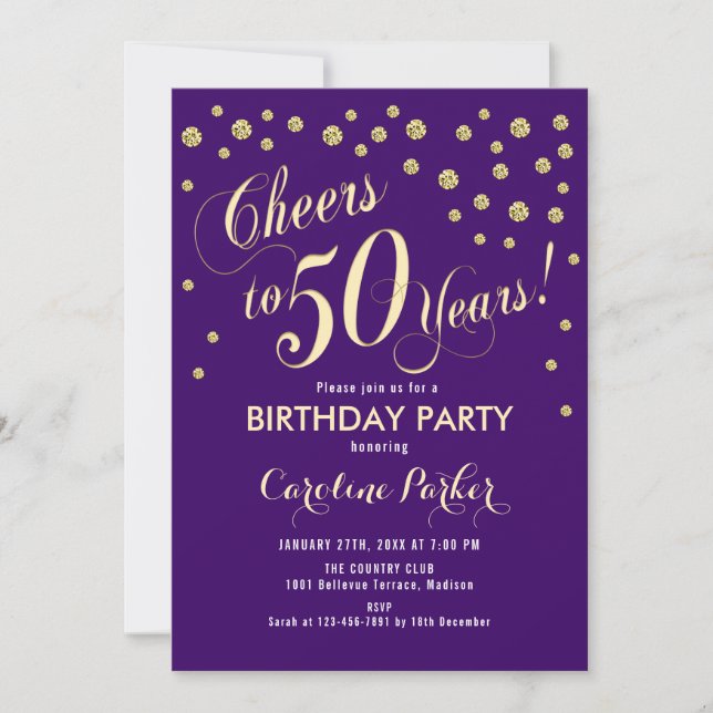 50th Birthday Party Invitation - Gold Purple (Front)