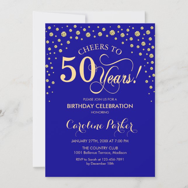 50th Birthday Party Invitation - Gold Royal Blue (Front)