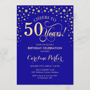 50th Birthday Party Invitation - Gold Royal Blue