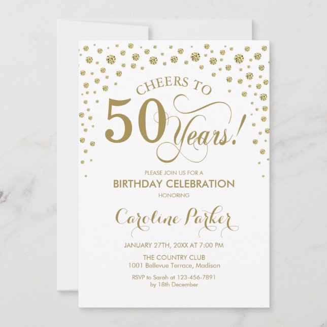 50th Birthday Party Invitation - Gold White (Front)