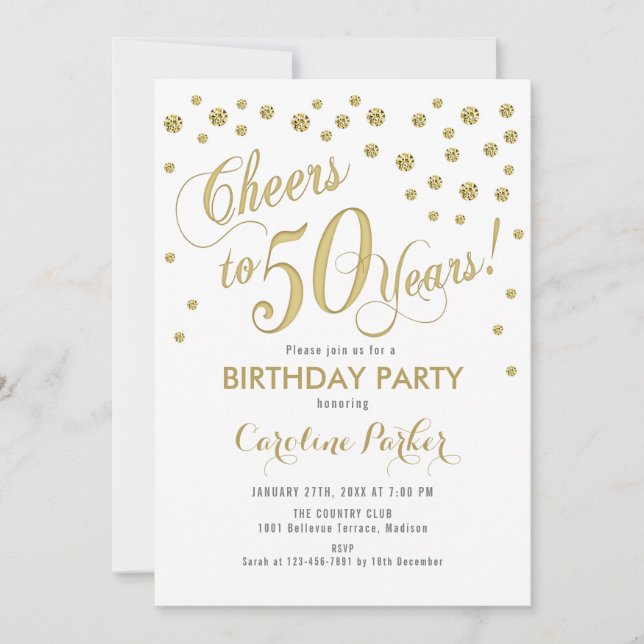 50th Birthday Party Invitation - Gold White (Front)