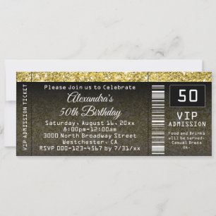 50th Birthday Party Invitation Goldtone Ticket