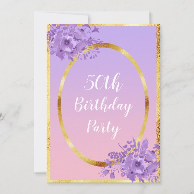 50th birthday party invitation rose gold violet (Front)