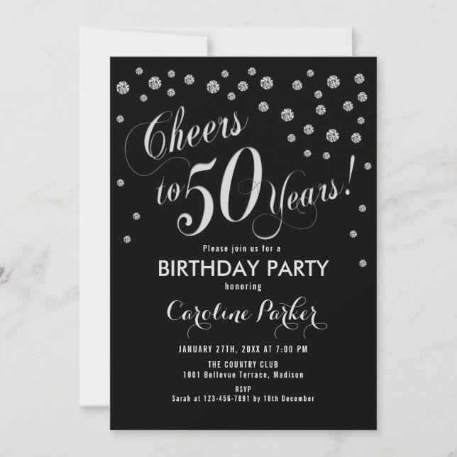 50th Birthday Party Invitation - Silver Black (Front)