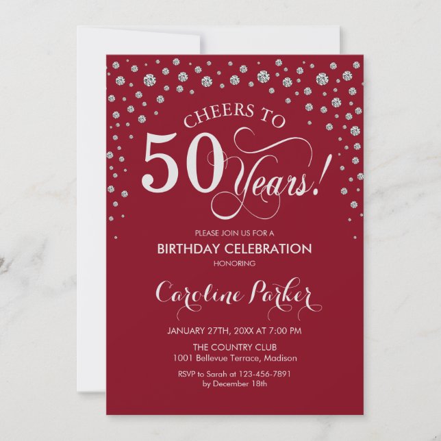 50th Birthday Party Invitation - Silver Red (Front)