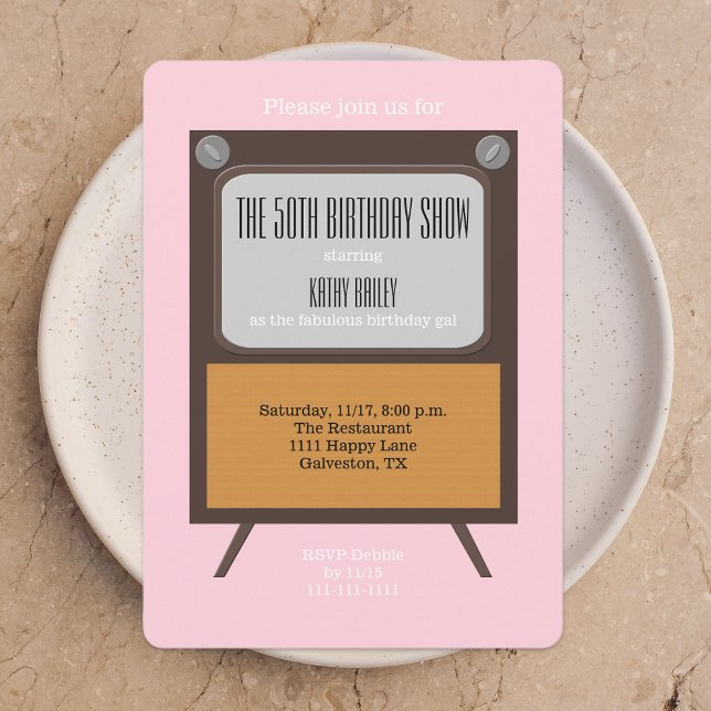 50th Birthday Party Invitation TV on Pink (Creator Uploaded)