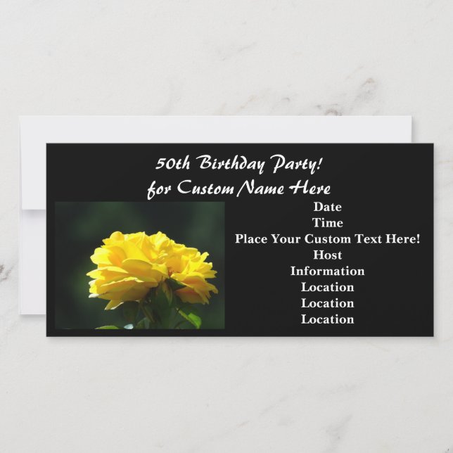 50th Birthday Party! Invitations Black Yellow Rose (Front)