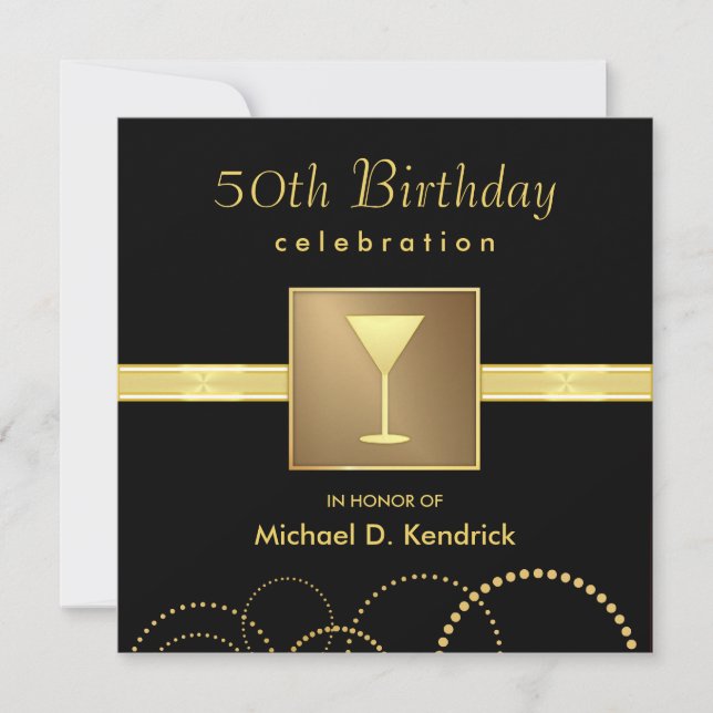 50th Birthday Party Invitations Formal Black Gold (Front)