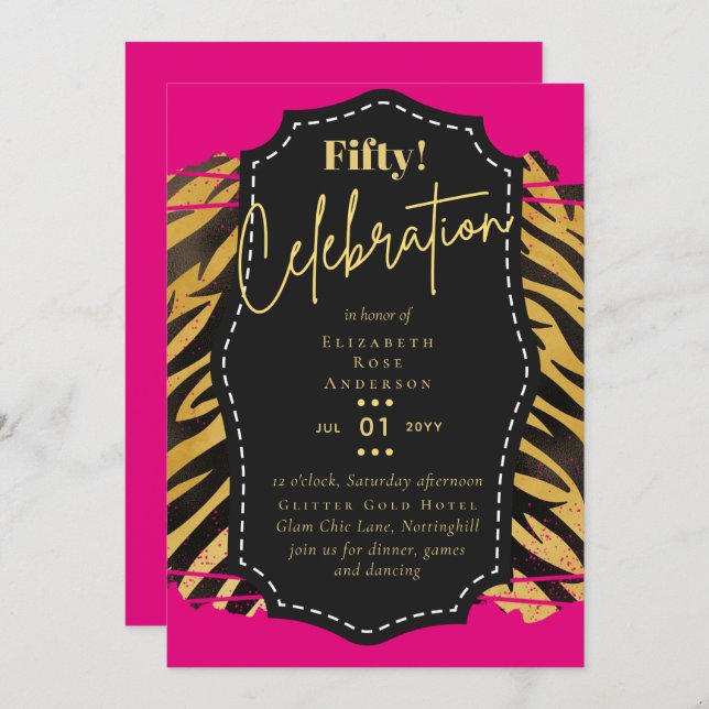 50th Birthday Party Invitations Glitter Glamour (Front/Back)