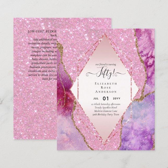 50th Birthday Party Invitations Glitter Glamour (Front/Back)