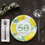 50th birthday party lemons name paper plate<br><div class="desc">Juicy,  delicious watercolored lemons in yellow,  green and a white backdrop for a 50th birthday party. A white and green frame with templates for a name,  age and a date. The name is written in a hand-lettered style script,  black letters. Number 50 is written in green.</div>