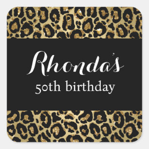50th birthday party leopard print black gold  square sticker