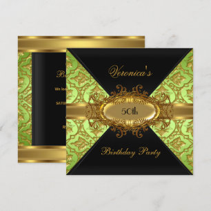 50th Birthday Party Lime Green Gold Black Damask Invitation