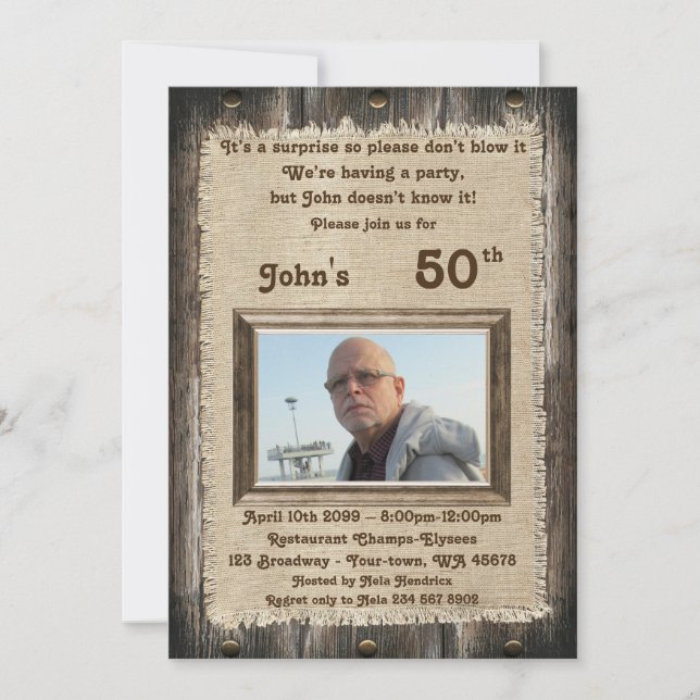 50th,Birthday Party man, any age,wood,rustic Invitation (Front)