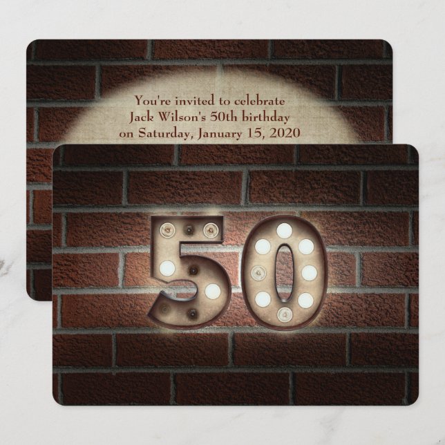50th Birthday Party-marquee lights on brick Invitation (Front/Back)