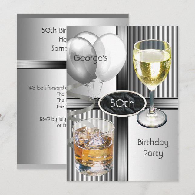 50th Birthday Party Mens Drinks Balloons Silver Invitation (Front/Back)