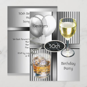 50th Birthday Party Mens Drinks Balloons Silver Invitation