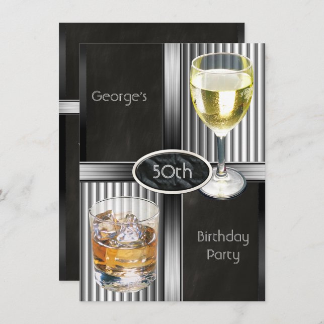 50th Birthday Party Mens Drinks Chalkboard Black Invitation (Front/Back)